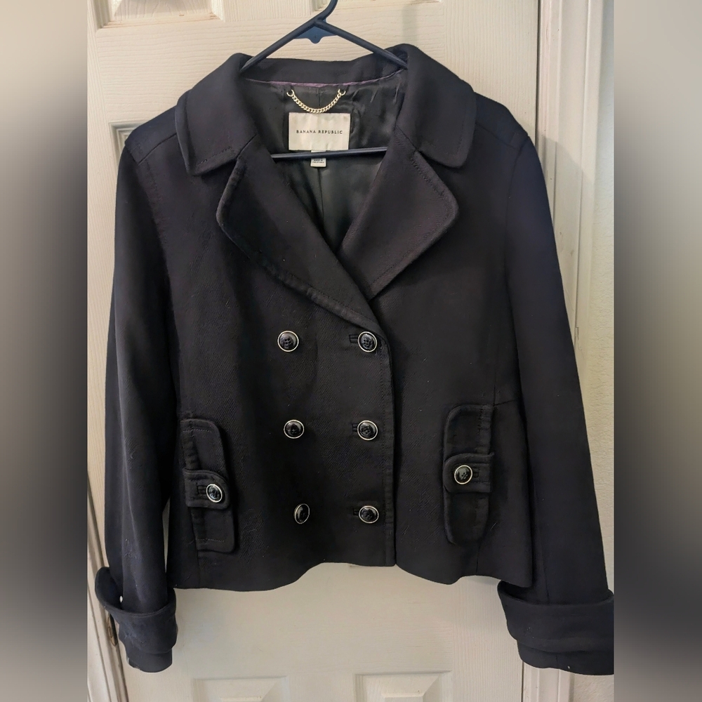 Banana Republic Women's Double Breasted Short Black Pea Coat
